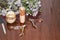 Cream jars and nail accessories on a wooden polished table