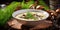 Cream Mushroom Soup with Porcini or Bay Boletes in White Restaurant Bowl, Wild Eco Mushrooms Dish