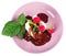 Cream pudding with chocolate sauce, raspberry and mint on beauti