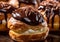 Cream puffs pastry with chocolate topping on black.Macro.AI Generative