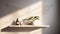 Cream recessed wall shelf hidden light in modern minimalist design.