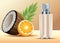 cream skin care spray bottle product with coconut and orange