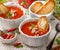 Cream soup of roasted pepper  with the addition of almond flakes, chili peppers, fresh herbs and toasts in a white ceramic bowl, c