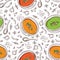 Cream soup vector seamless pattern. Isolated hand drawn bowl of soup, spoon and spices. Pumpkin soup, tomato soup, broccoli soup.