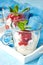 Creamed rice pudding with strawberry sauce