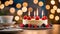 creamy birthday cake with berries and candles on the family kitchen table, people celebrate holidays together,