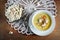 Creamy chanterelle mushroom soup, corn chowder and popcorn