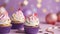 Creamy Cupcakes Muffins with Purple Copy Space Decorated Delicious Candy Spheres, Festive Cakes and Celebration Confetti.