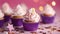 Creamy Cupcakes Muffins with Purple Copy Space Decorated Delicious Candy Spheres and Golden Star. Generative AI