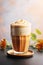 Creamy Dalgona Coffee with cinnamon on light background, homemade creamy coffee drink vertical image, close-up. Fluffy whipped