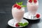 Creamy jelly with raspberries and mint in glasses