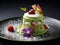 Creamy matcha cake with pistachio and vanilla layers on dark background, close-up. Sweet food concept. Round matcha dessert close