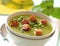 Creamy mint pea soup with croutons.