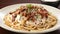 Creamy mushroom pasta on modern kitchen table, great for food photography with text space