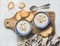 Creamy mushroom soup in bowls with toasted bread, marble background