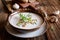 Creamy mushroom soup served in a bowl