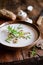 Creamy mushroom soup served in a bowl