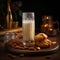 Creamy and nutty Badam Milk in a tall glass with sweet pastries on table
