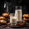 Creamy and nutty Badam Milk in a tall glass with sweet pastries on table