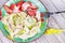 Creamy Pasta Salad with Celery and Red Onion.