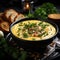 Creamy pumpkin soup with croutons and parsley on dark background