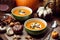 Creamy pumpkin soup surrounded by pumpkins in autumn