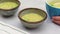 Creamy pureed celery soup with fresh green peas recipe.