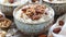 Creamy Rice Pudding with Pecans and Almonds in Rustic Bowls