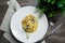 Creamy tagliatelle pasta fettuccini with mushrooms and parmesan cheese