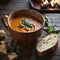 creamy tomato soup, fresh basil, crusty bread