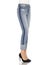 Crease & Clips Slim Women`s Light Blue Jeans, Woman in Blue tight jeans with white heels, white background