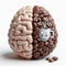 Create a 3D plastic model of a brain and coffee, the other half being a computer. The concept of coffee and brain function