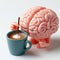 Create a 3D plastic model of a brain and coffee, the other half being a computer. The concept of coffee and brain function