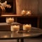 Create an alluring lowangle view showcasing a cluster of elegant candles, casting warm, flickering light Highlight the intricate