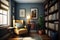 Create a Cozy Reading Nook in Your Office with Comfy Chair, Lamp, Bookcase, and Warm Room Colors Enhanced by Natural Daylight.