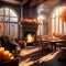 create a cozy thanksgiving scene with a family gathered around a fireplace surrounded by fall decor