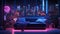 Create a cyberpunk-inspired luxury neon bedroom with neon signs, holographic projections, and an edgy, urban atmosphere