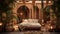 Create a desert oasis luxury bedroom with earthy tones, Moroccan-style decor, and a private courtyard with a soothing fountain