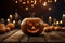 Create eerie presentations on a wooden table with a Halloween pumpkin