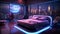 Create a high-tech luxury neon bedroom with interactive walls, holographic displays, and a bed that adjusts to your preferred