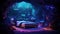 Create an immersive underwater cave luxury neon bedroom with bioluminescent sea creatures, neon coral, and a bed surrounded by a