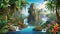 Create a lush and exotic tropical rainforest scene, teeming with wildlife, waterfalls, and vibrant plant life