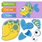 Create paper application the cartoon funny ocean fish. Use scissors cut parts of Fish and glue on paper. Education logic game