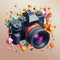 Create Retro-style Isometric Image Of 3 Holding Sony A7 Camera With Stickers And Bokeh