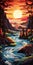 Create A Surreal Paper Quilling Painting Of A Karst With Cascading River At Sunset