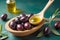 Create Tasty Designs with Olives and Olive Oil Stock Image, AI Generated