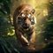 Create a visually striking image of a regal Bengal tiger prowling through a dense bamboo forest by AI generated