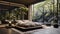 Create a zen-inspired luxury bedroom with a Japanese-style platform bed, minimalist decor, and a tranquil indoor garden