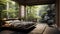 Create a zen-inspired luxury bedroom with a Japanese-style platform bed, minimalist decor, and a tranquil indoor garden