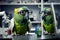 Created with Generative AI technology. Animal parrots birds scientist making tests in lab inventing